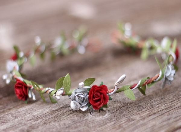 silver flower crown and dark red floral fall wedding headband